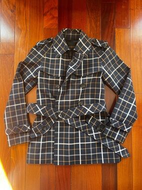 Coach Tattersall Navy Plaid Short Double-breasted Trench Coat XXS